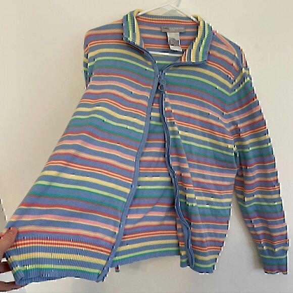 VINTAGE SAG HARBOR Blue Pink Yellow Rainbow Stripe Full Zip Sweatshirt / Sweater - Picture 7 of 11